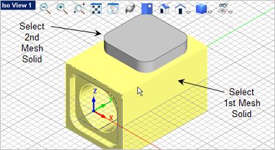 133 VisualCAD 2018 Exercise Guide 10. For the second mesh solid select the extrusion. The extrusion will be subtracted from the Body as shown below. 11.