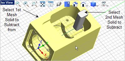 #6: Model a Connector Block 146 7. Now go to the command again. tab and select the Subtract Mesh 8. For the first mesh solid select the body. For the second mesh solid select the extrusion. 9.