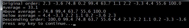 The original array in order. 2. The average of all of the array values (use a method to do this). 3.
