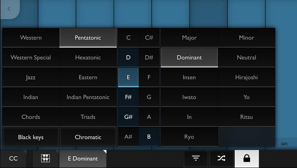 Two velocity curves are available on the Settings screen. The key size is freely adjustable using the "Width" slider.