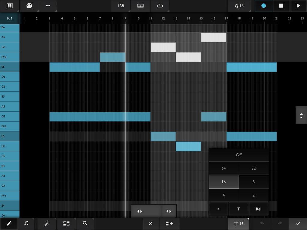 Pianoroll Double-tap a part to open up the Pianoroll editor. This editor lets you draw or edit notes (move, change lengths, transpose, etc.), their velocities (loudness), and controllers (CCs).