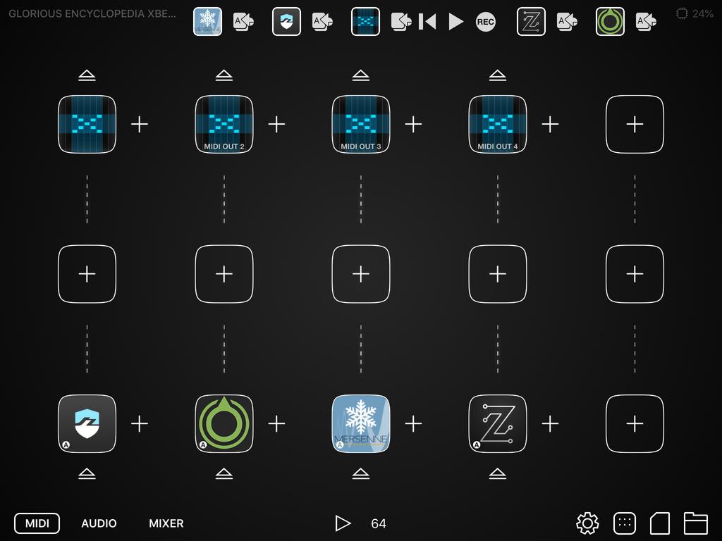 Audiobus Xequence including: supports full integration with Audiobus Audiobus sidebar Sidebar transport and remote controls Audiobus State / Preset saving MIDI input as a MIDI destination in Audiobus
