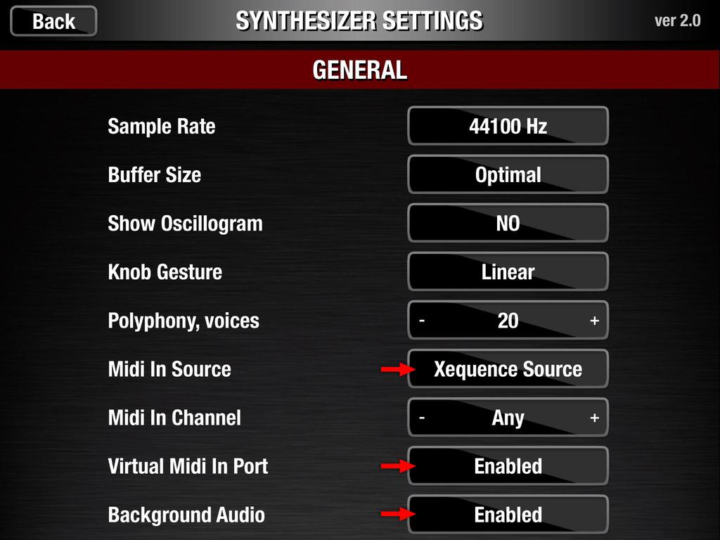 Example setups Using just a single synth app: Poison-202 Launch Poison-202, and in its "Settings" menu: Set "Virtual Midi In Port" to "Enabled". Set "Background Audio" to "Enabled".
