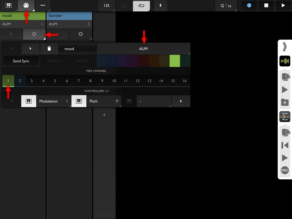 Go to the Instruments screen (MIDI icon at the top left), and for each synth you created in AUM, create an Instrument.