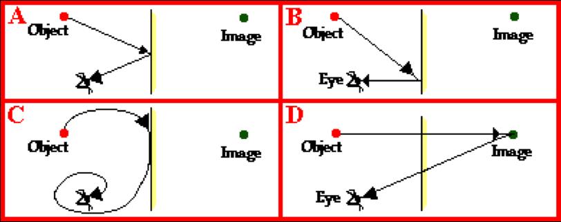 Question 11: aa. The diagram below depicts the path of four incident rays emerging from an object and approaching a mirror. Five lettered locations are shown on the opposite side of the mirror.
