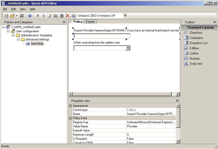 Working with Quest ADM Editor END PART END POLICY END CATEGORY ;Advanced settings To create this ADM file 1. Right-click Quest GPOADmin and Select ADM Editor. 2. Select File New. 3.