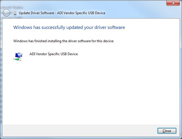You should now see the following dialog box showing that the ADI USB driver was installed successfully.