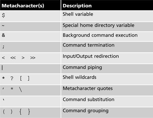 Shell Metacharacters Table 2-7: Common BASH Shell