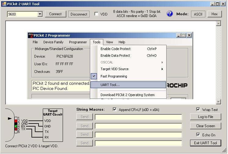 Seriecom Console program 1) PICKIT 2 UART Tool, can be used as a console program through the programing