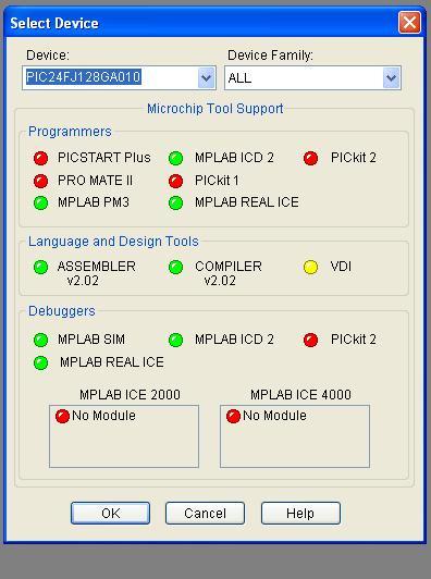 From Configure Select Device menu of the MPLAB, select PIC24FJ128GA010 as the microcontroller to use (or PIC24HJ128GA010 if you have ordered this part number). Click OK.