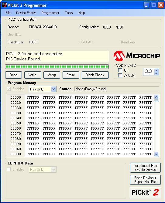 Launch PICKit 2 v2.40 from the Desktop and select the correct microcontroller. After power up with a 5V-9V DC supply you will see the following screen.