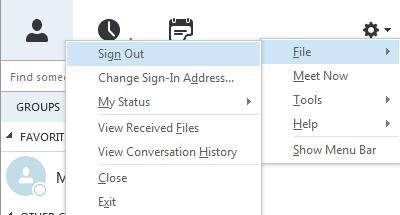 not be able to send you an instant message To sign out of Skype for : 1 Click the downward arrow at the top right of the screen, next to the settings icon, select File from the drop down list and