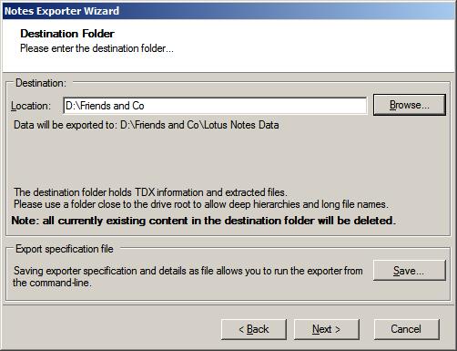 Figure 15: Destination Folder Screen 13. Specify where to export the files and generated TDX information.