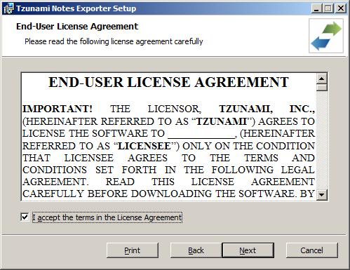 2. In the End-User Licensing Agreement panel, click I accept the terms in the License Agreement and click Next to continue installation.