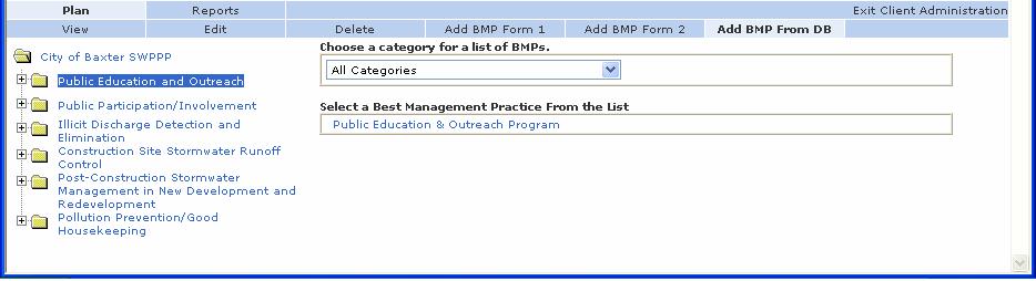 Figure 18. Add BMP from DB page Fields on the Add BMP from DB page Choose a Category for a list of BMPs: Select a category to see a filtered list of BMPs.