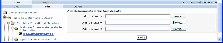 The Attach Documents to Goal Activity page opens when you click the Attach Documents button on the Enter Goal Activity tab (on page 53) or Edit Goal Activity tab (on page 62)based on a default type