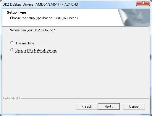 6) A Setup Type dialog is displayed allowing the choice of where the DESkey USB device is located. When using the DK2 Server system select the Using a DK2 Network Server.