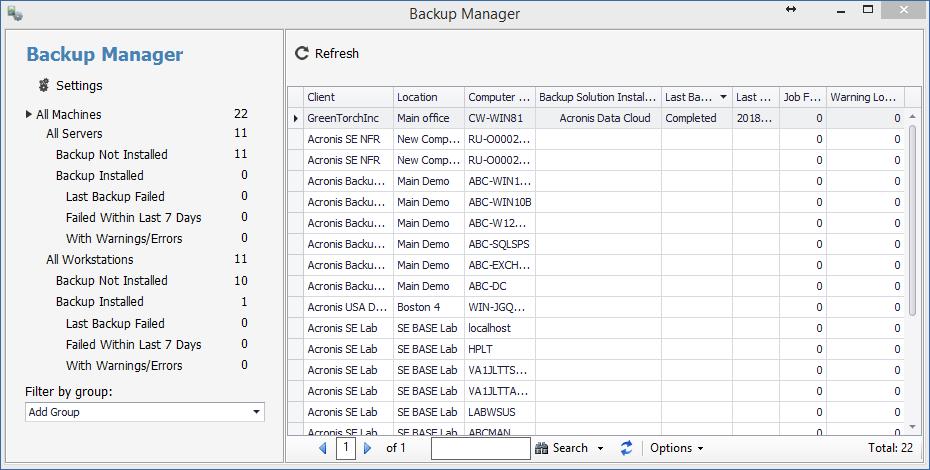 13 Monitoring backup status Monitoring at a client, location, or computer level For each computer that has a backup plan, you can see the following parameters: The status, which is derived from the