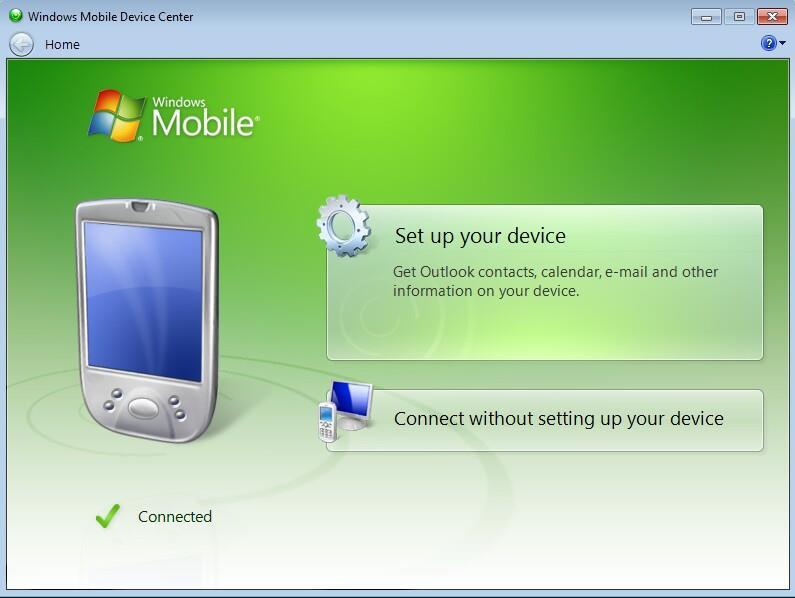 For Windows Mobile Device Center, select Connect without Setting Up your Device. For ActiveSync, select Connect as Guest. 4.