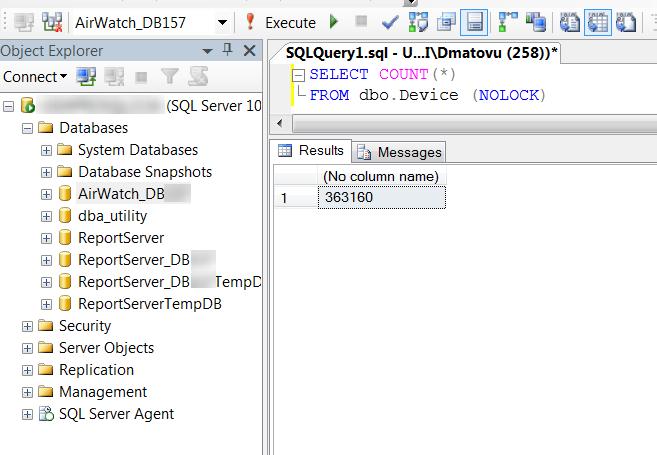 b. Enter the query as shown below. c. Select Execute. 11. Rename the old database, for example, to AirWatch_OLD.
