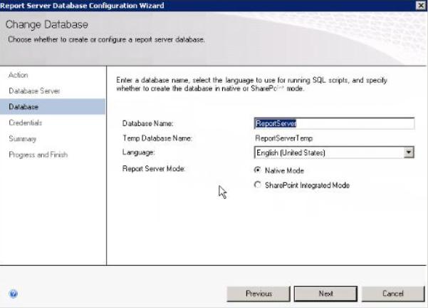 Chapter 4: Reports Integration 3. Create the Report Server Database in Native Mode. 4. Use the report server credentials to connect to the Report Server Database.