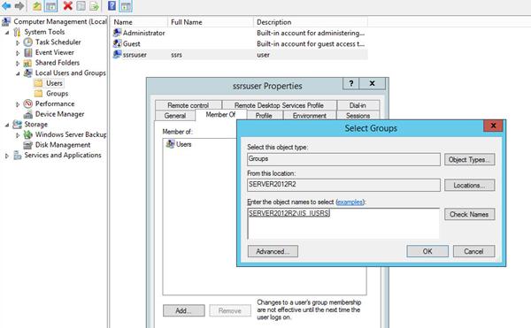 Chapter 4: Reports Integration Add the SSRS User to IIS_IUSRS Whether you are using a Domain Service Account or a local user, that user must be added to the IIS_IUSRS group. 1.