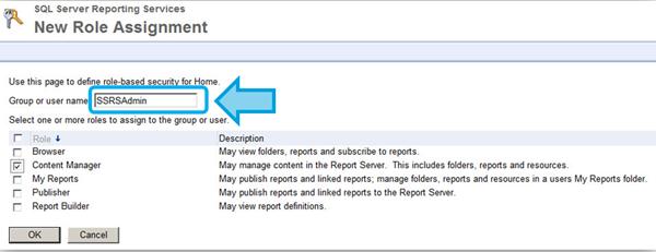 Chapter 4: Reports Integration 6. Ensure that the SSRS_USER presents as a Content Manager in the Home folder.