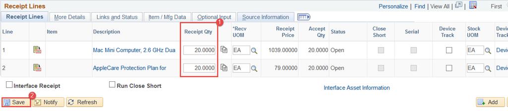 In this example, identify the quantity received and click Save.