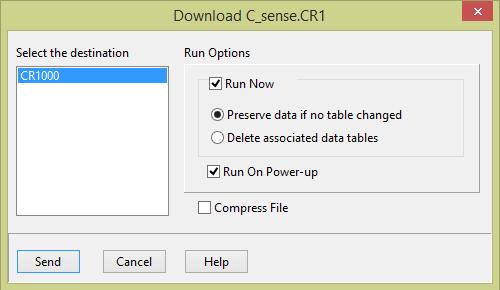 2.10 After clicking Yes, one last GUI will appear titled Download C_sense.CR1. Click Send. The settings shown above are the default.