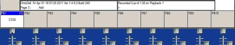 MagicQ records the Cue on the Playback. As the Playback was empty, MagicQ automatically creates a Cue Stack with the single cue in it. The cue is given the Cue ID 1.00 with the Cue Stack.