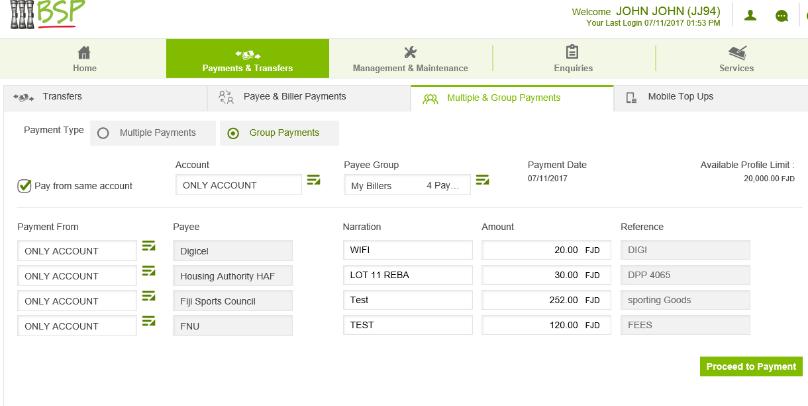 3.2 Making Group Payments Choose Payments & Transfers > Multiple & Group Payments > Group Payments.