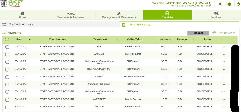 5.2 View Payment History Choose Enquiries >