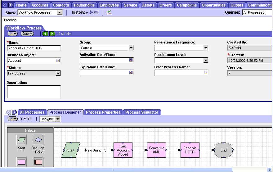 The above figure shows the workflow. The GetAccountAdded is used to query a Siebel Account object.