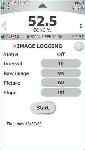 3 Functionality 15 Optical images can also be logged into text files. Go to DIAGNOSTICS in the main menu, then choose IMAGE LOGGING. Set the INTERVAL by tapping on the grey area.