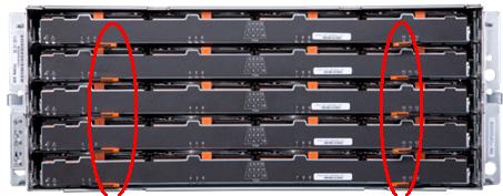 40 Hardware installation procedures Installing disk drives into a Primary Shelf or an Expansion Shelf 3 Starting with the bottom drawer (5), use your thumbs to pull out the two orange latches towards