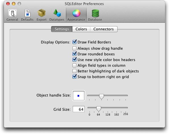 Appearance Preferences Figure 31: The Appearance Preferences Tab Draw Rounded Boxes This option switches between the newer drawing style that uses round boxes and the original SQLEidotr drawing style