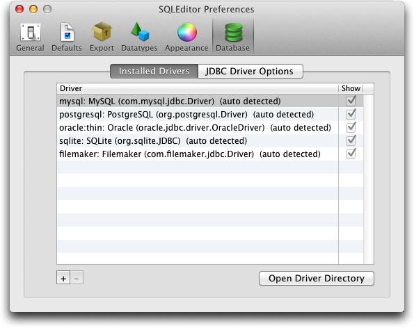 JDBC Driver Preferences Figure 34: The Database Preferences Tab Save non-preset connection passwords This option makes SQLEditor save passwords that you enter into