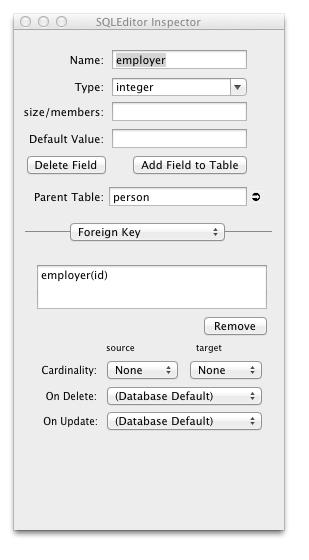 Types of Object Figure 6: The Field inspector (foreign key view) Cardinality The two Cardinality popup menus allow editing of the realtion cardinality, the source end on the left, the target or