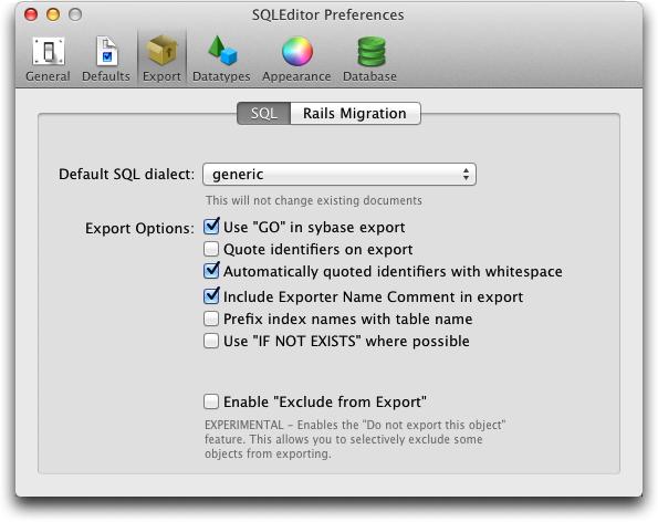 SQL Export Panel Figure 28: SQL Export Preferences Automatically quoted identifiers with whitespace This option specifies whether objects with whitespace in them (e.
