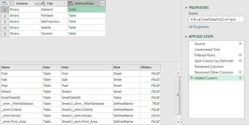 9) The result of the Custom Column is seen below. i. The Custom Column named GetExcelData delivers a table for each row that gives us information about what kind of objects are in each Excel File. ii.