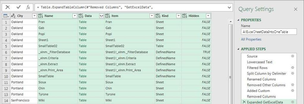 ) The Expanded Table with each Excel Files objects looks like this: i. The City column repeats the City File Name for each row that belongs to the specified file. ii.