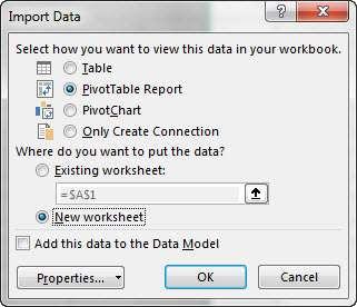 In the Import Data dialog box, select the dialog buttons for PivotTable Report and New worksheet and then click