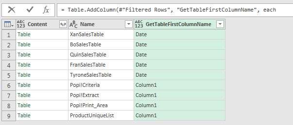 15) The result is just what we want: the first column name for each table, as seen in this picture: 16) Filter Out Column1 Field Name.