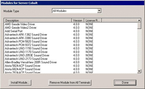 Show Old Licenses This lists the previously installed ThinManager 3.x licenses on the ThinManager Server. Done This button closes the Licensing window. See Licensing ThinManager for details. 7.3.2 Modules Install > Modules open the Modules dialog box.