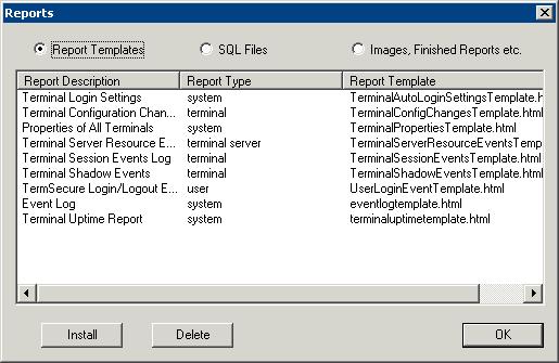 Reports Window Reports Templates The Reports widow has radio buttons to display report templates, SQL files, and images, finished reports, and assorted files.