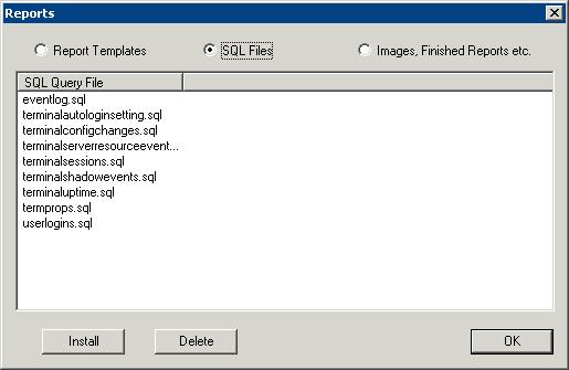 Reports Window SQL Files Selecting the SQL Files radio button will display installed SQL queries.