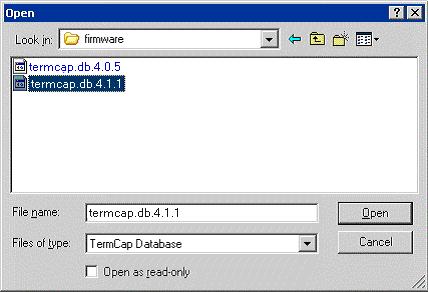 To update the Terminal Capabilities Database, select Install > TermCap Database. Install New TermCap Database An Open dialog box will be launched.