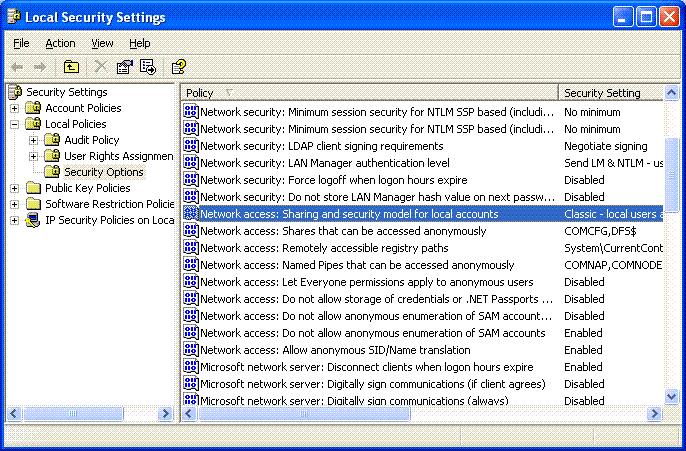 Windows XP Pro Local Security Settings Highlight the Security Options folder in the Local Security Settings program.