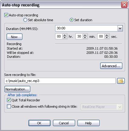 114 TotalRecorder On-line Help Auto-stop recording turn auto-stop mode on or off.
