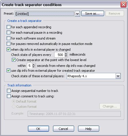 142 5.8.7 TotalRecorder On-line Help Creating track separators while recording To turn on the creation of track separators during a recording, take the following steps.